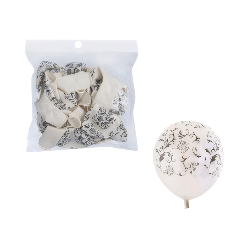 White Balloons with Printed Pattern, suitable for Helium (12-Piece Bulk Pack)