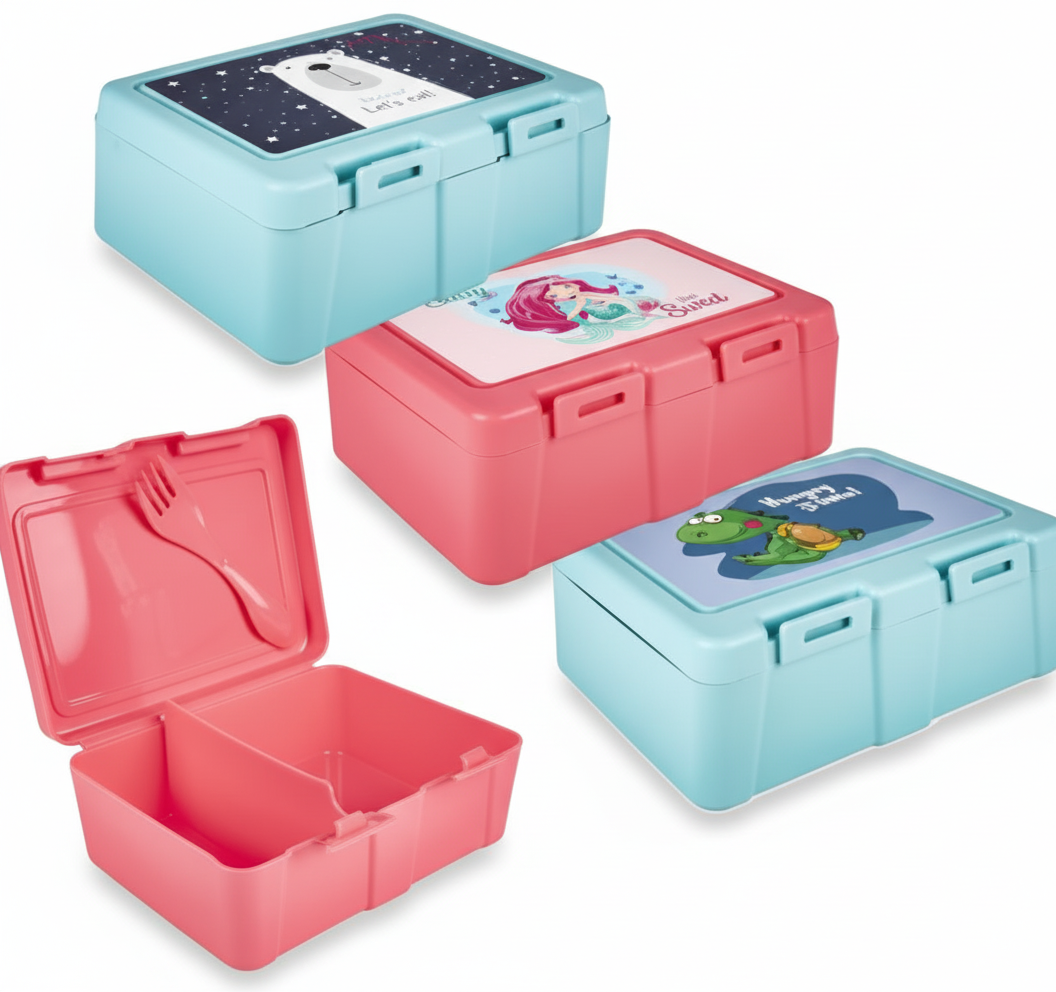 Lunch Box with Two Divisions - Includes Spork - Assorted Designs