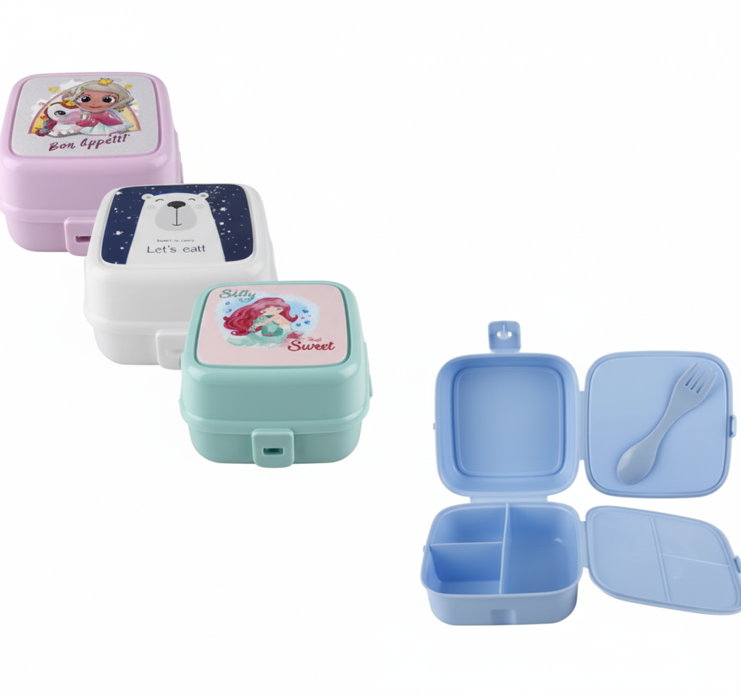 Lunch Box - 4 Compartments - Includes Spork - Assorted Designs