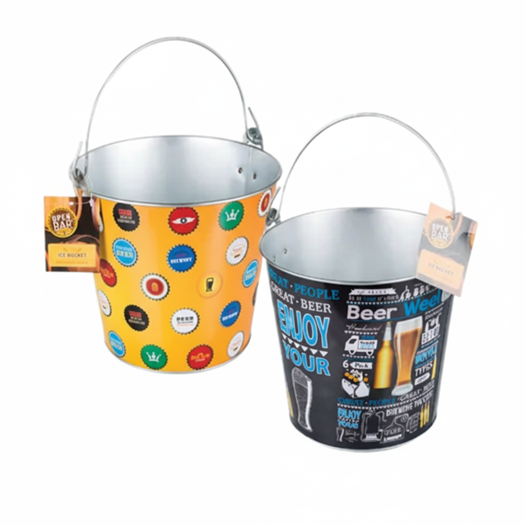 Decorated Tin Plate Ice Buckets with Assorted Open Bar Designs (22 x 18 cm)