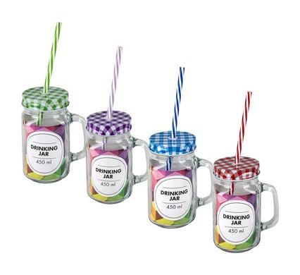 Glass Drinking Jar with Handle and Straw - 450 ml - Assorted Colours