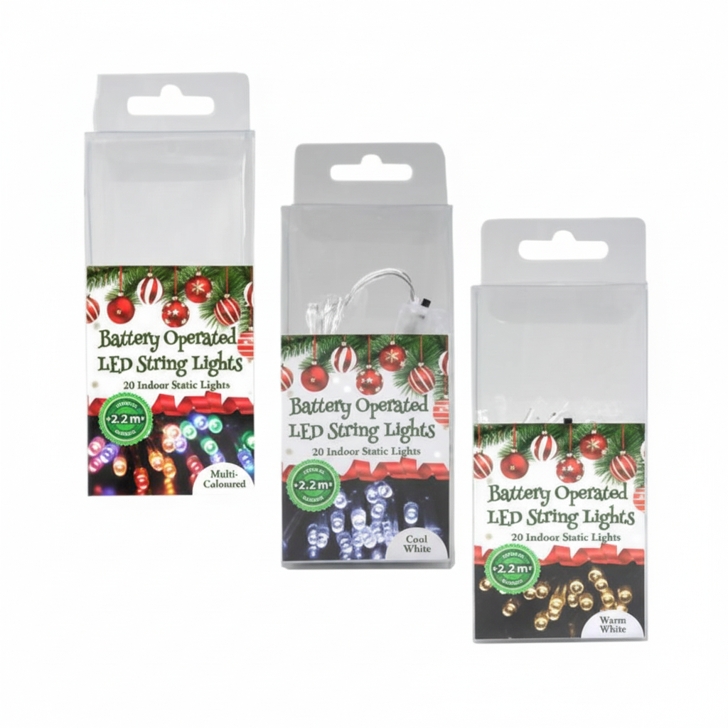String of 20 LED Christmas Lights, Battery-Operated, with Small Lights in 3 Different Colours (2.2 metres)