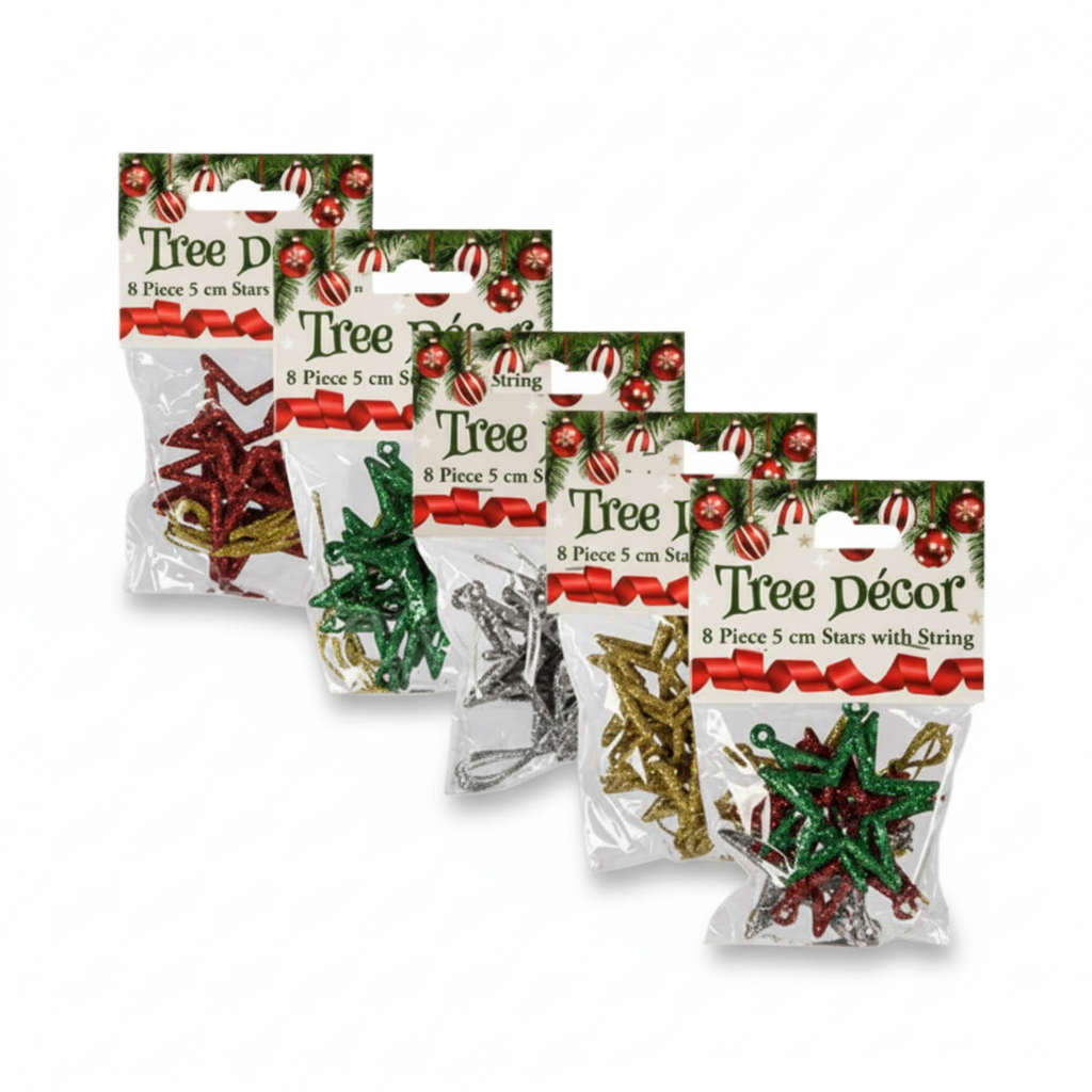 Christmas Tree Decoration Star Set - 8 Pieces - 5 cm - Various Colours
