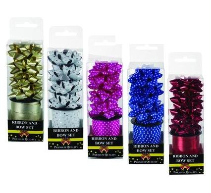 Gift Ribbon and Bows Set - 1 Roll of Ribbon - 4 Bows