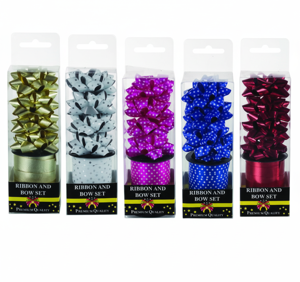 Gift Ribbon and Bows Set with 1 Roll of Ribbon and 4 Bows - Various Colours