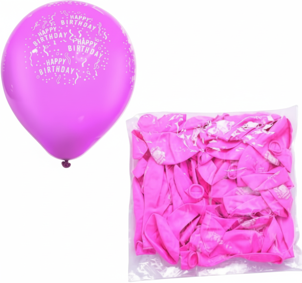 Pink Balloons with Printed Happy Birthday Design, suitable for Helium (Bulk Pack of 12)