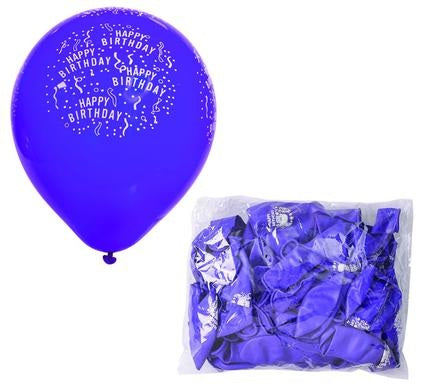 Balloon Suitable For Helium - Printed Happy Birthday Blue - Bulk Pack of 12