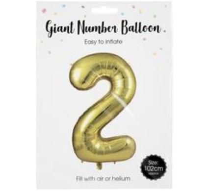 Gold Helium Balloon - Foil Number 2 - 102cm