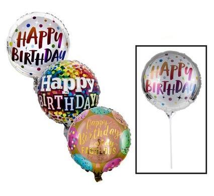 Balloon with Stick - Air Fill - Birthday Assorted - 45 cm