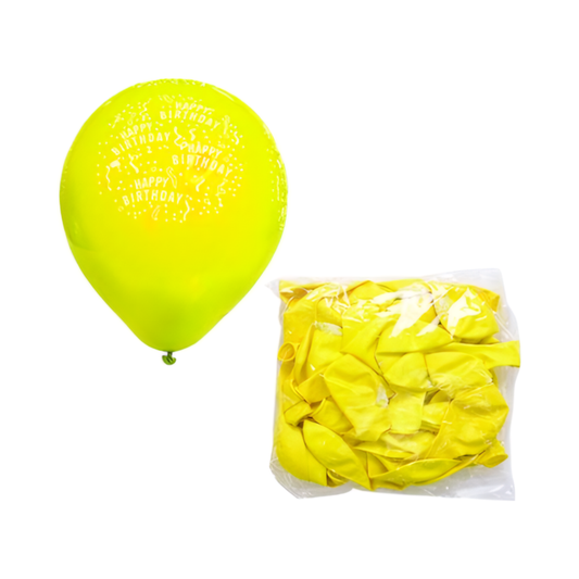 Yellow Balloon with Printed Happy Birthday Design, suitable for Helium (Bulk Pack of 12)