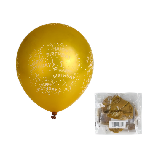 Gold Helium Balloons with Happy Birthday Print (12 Piece)