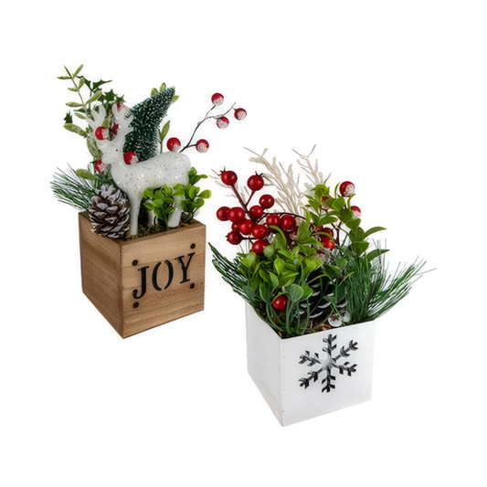 Christmas Table Decor Wooden Box with Berry Tree - Assorted Designs