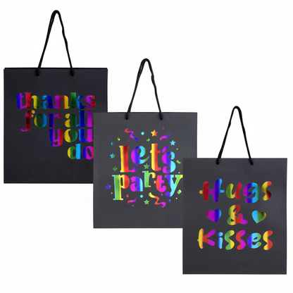 Black Paper Gift Bag with English Words and Assorted Designs (Medium, 18x23 cm)