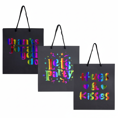 Black Paper Gift Bag with English Words and Assorted Designs (Medium, 18x23 cm)