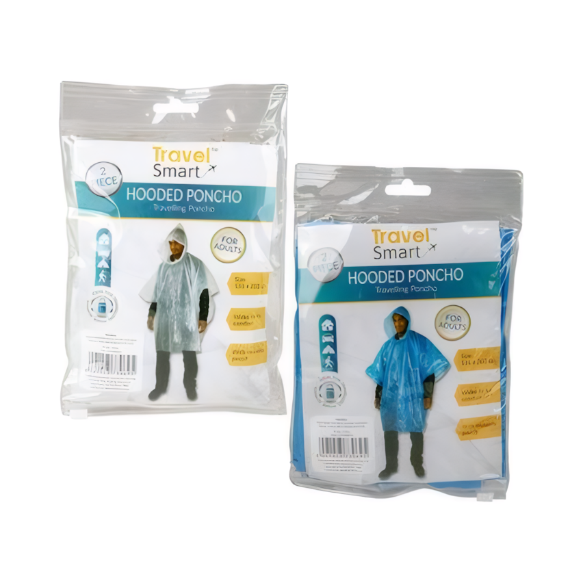 Plastic Poncho with Hood - Twin Pack (132 cm x 203 cm) - Various Colours