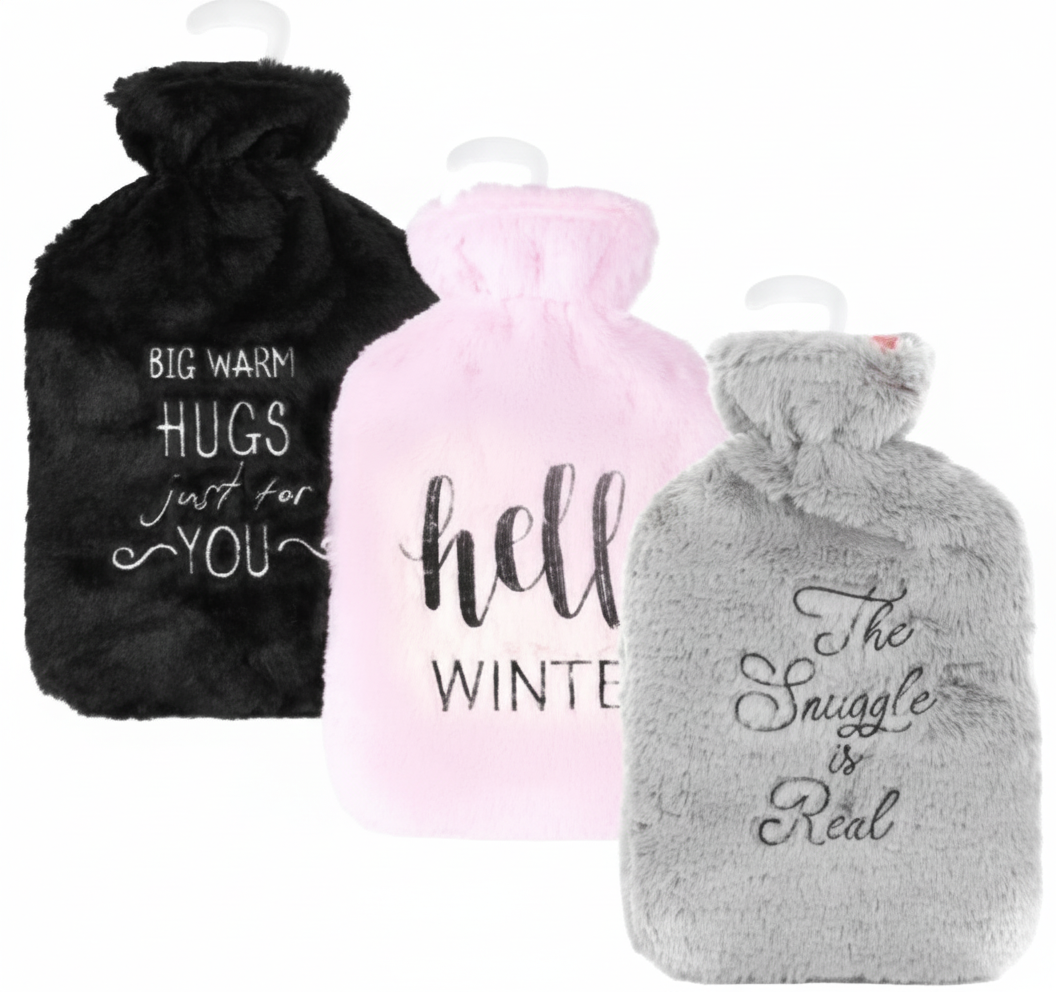 Hot Water Bottle with Printed Fur Cover - Various Colors