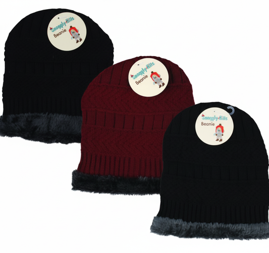 Beanie Hat for Adults - Knitted Design - Inner Fleece Lining - Various Colors