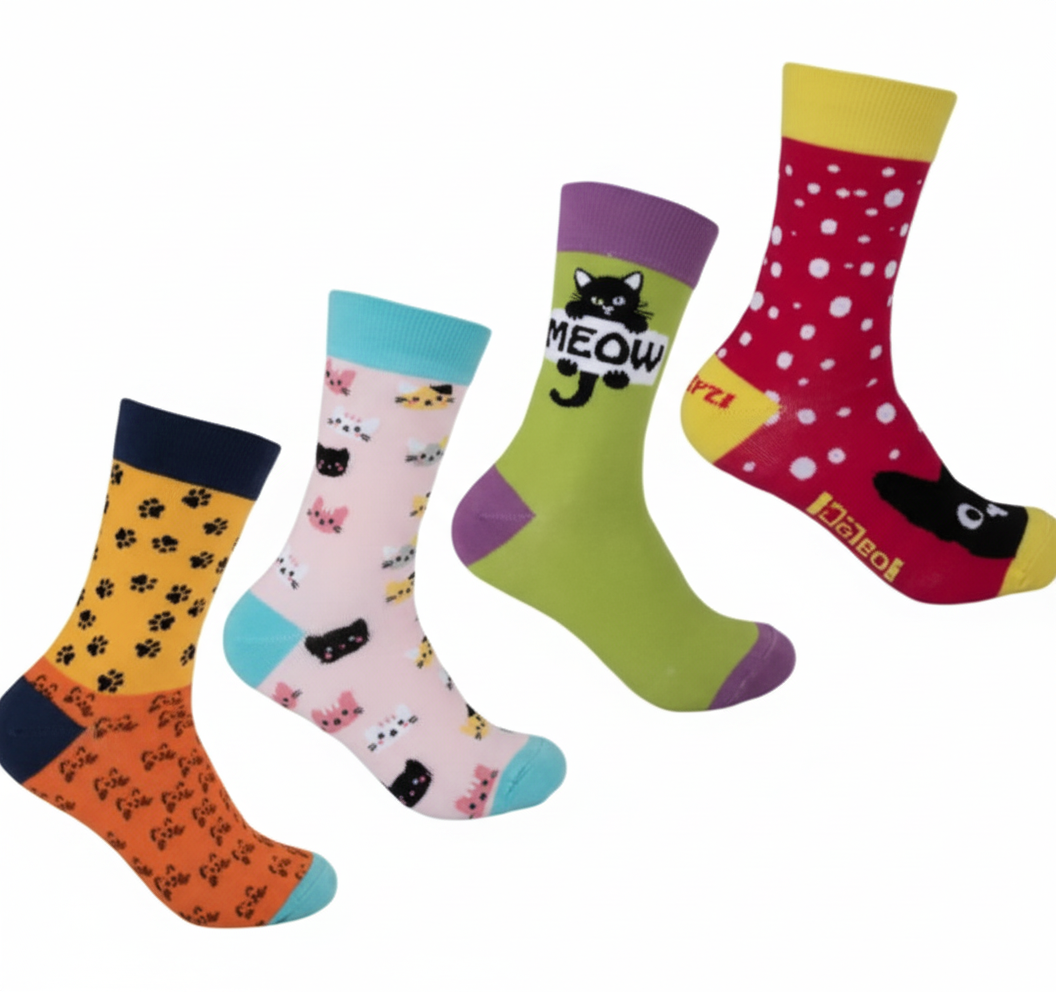 Socks with Unisex Cat Designs (Pack of 4)