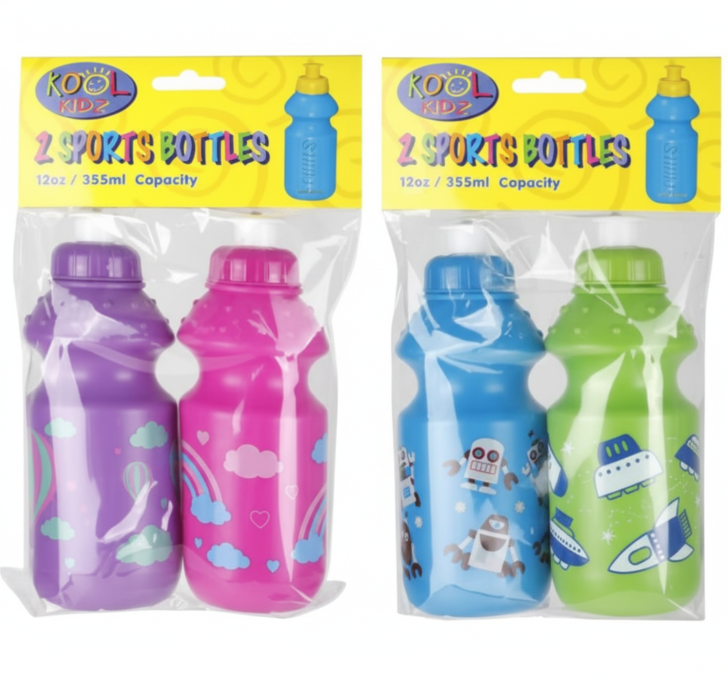 Sports Water Bottle with Assorted Designs, 2 Pack (355 ml)