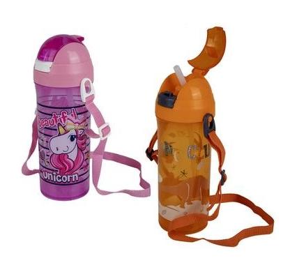 Water Bottle - 600 ml - Unicorn/Dinosaur Design - With Straw