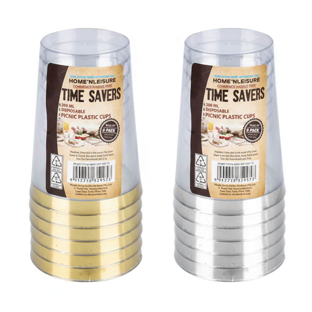 Plastic Picnic Cups 295 ml 6pce Goldor Silver Rim