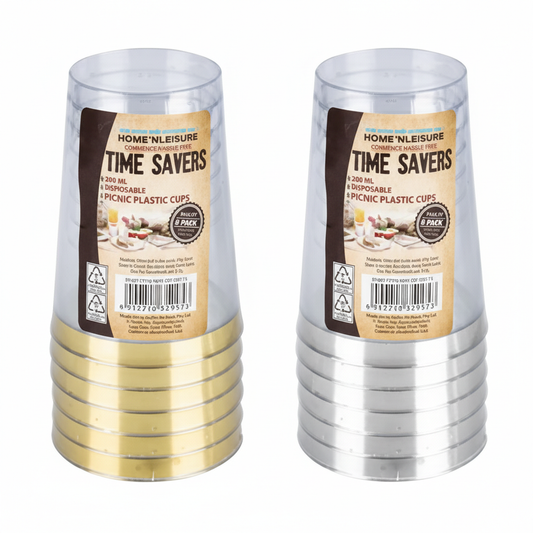 Plastic Picnic Cups 295 ml 6pce Goldor Silver Rim
