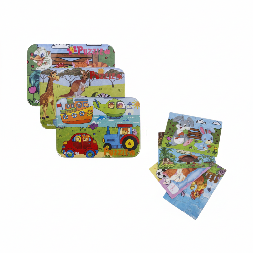 Wooden Puzzle in Tin Box with Assorted Designs, 4 Pieces per Pack (17 cm x 12 cm)