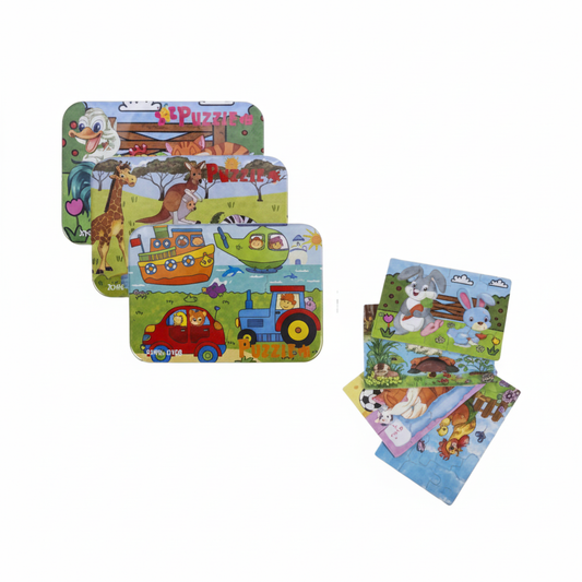 Wooden Puzzle in Tin Box with Assorted Designs, 4 Pieces per Pack (17 cm x 12 cm)