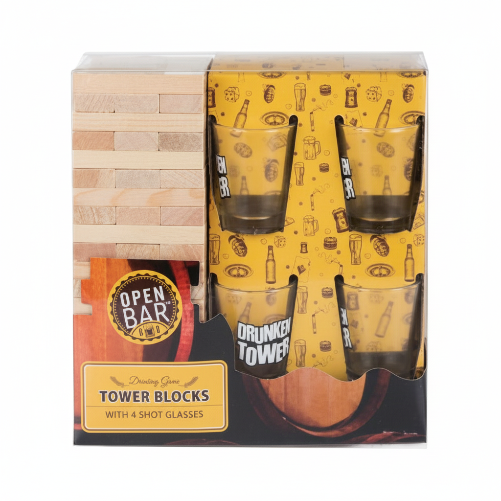 Tower Blocks Drinking Game with 4 Glasses