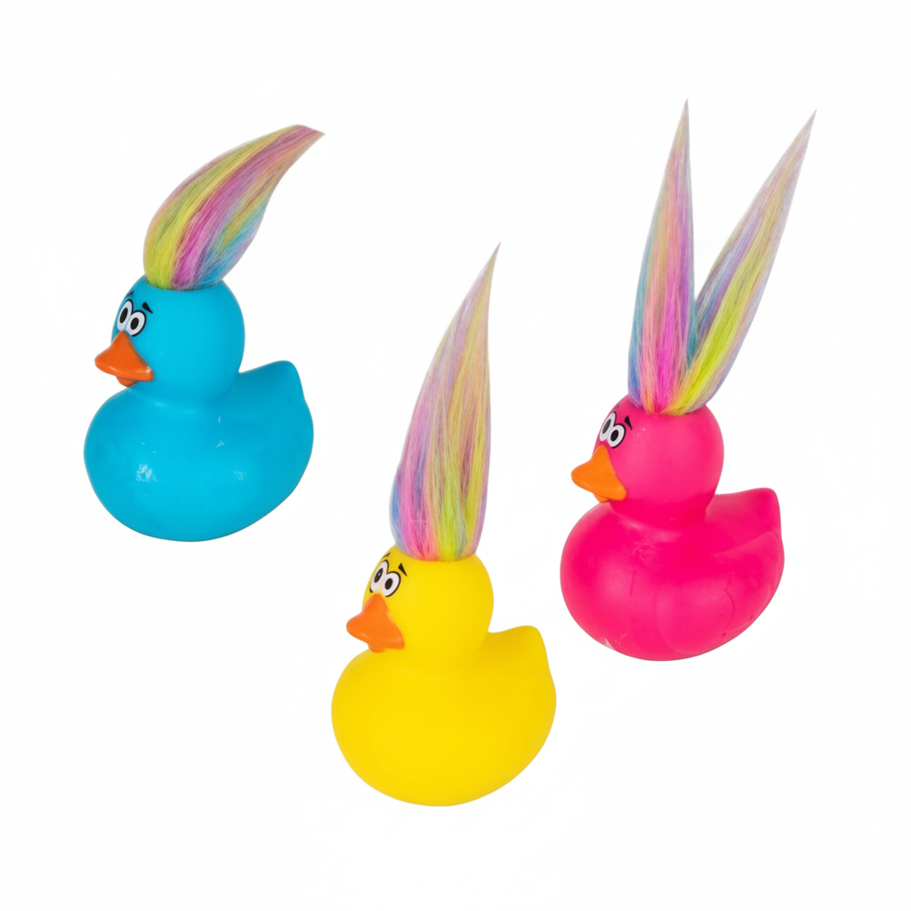 Vinyl Baby Themed Duck with Rainbow Hair, in Various Colours (6 cm)