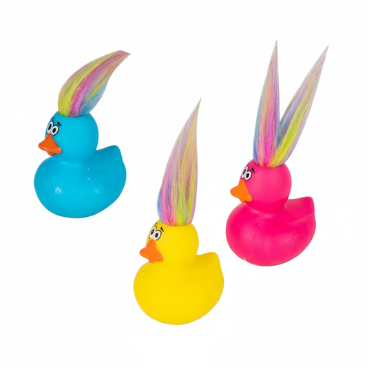 Vinyl Baby Themed Duck with Rainbow Hair, in Various Colours (6 cm)