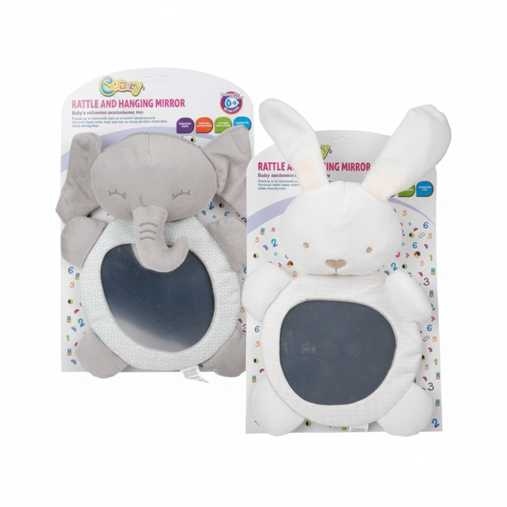 Hanging Plush Baby Toy with Rattle and Mirror