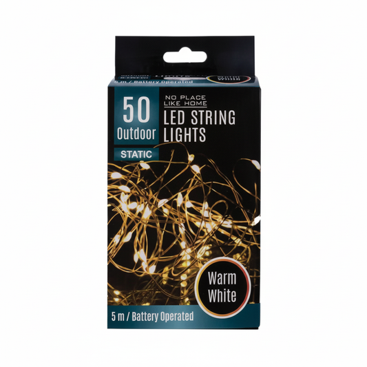Warm White Fairy LED String Lights, Outdoor, Battery Operated, 50 LEDs, 5m Length.