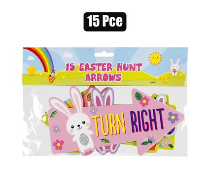 Packaging of 15 Easter hunt arrows with bunny design and text on a colorful background.