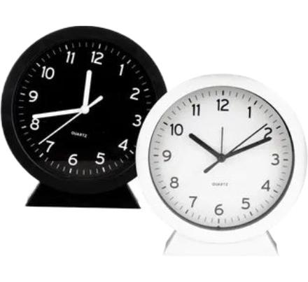 Clock Alarm Plastic Round on Stand - 15 cm - Assorted