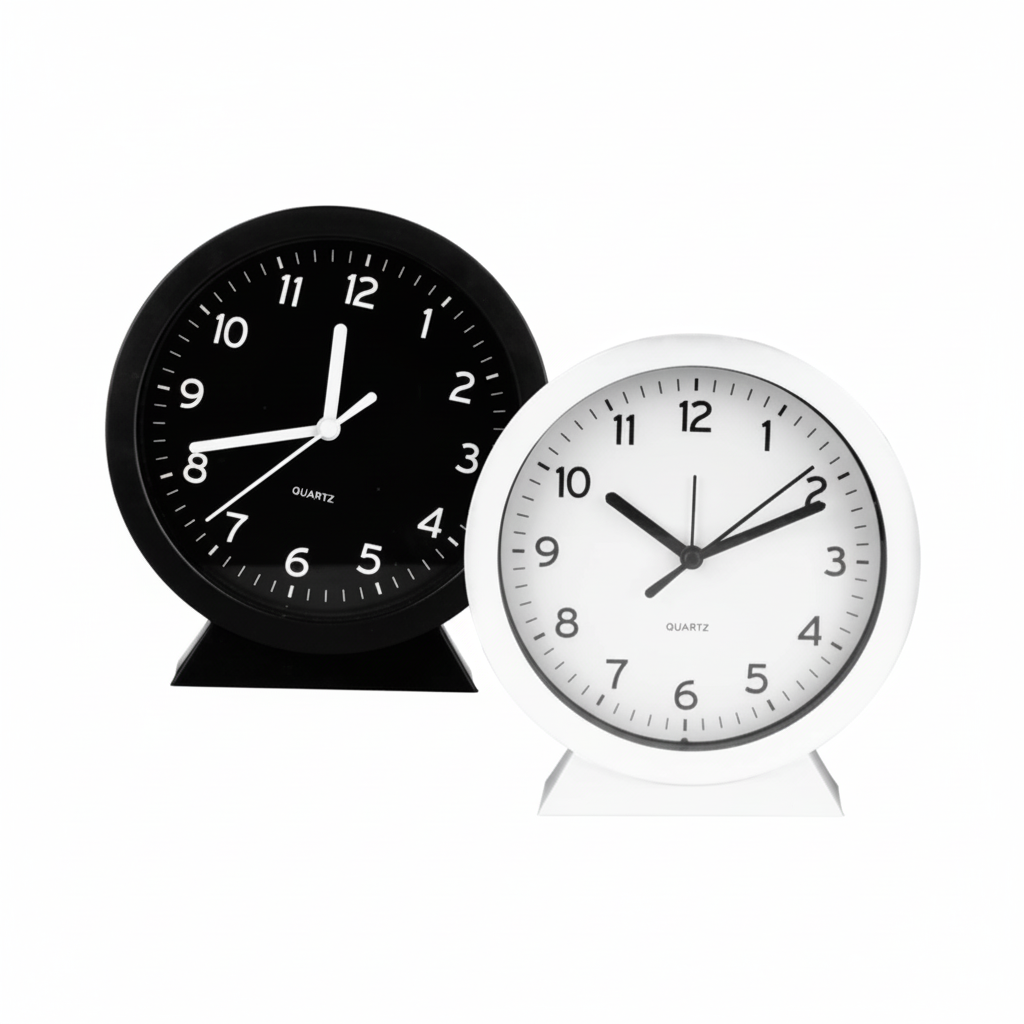 Plastic Round Alarm Clock on Stand (15 cm) - Assorted