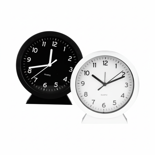 Clock Alarm Plastic Round on Stand - 15 cm - Assorted