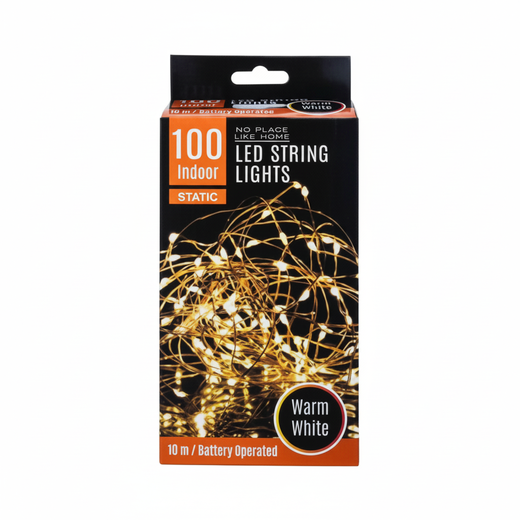 Warm White 100-Light LED String Lights for Indoor Use, powered by 3 AA Batteries (10 m)