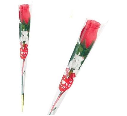 Single Red Rosebud - 36 cm - With Small Bear