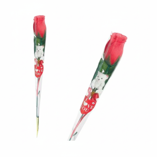 Single Red Rosebud with Small Bear (36 cm)
