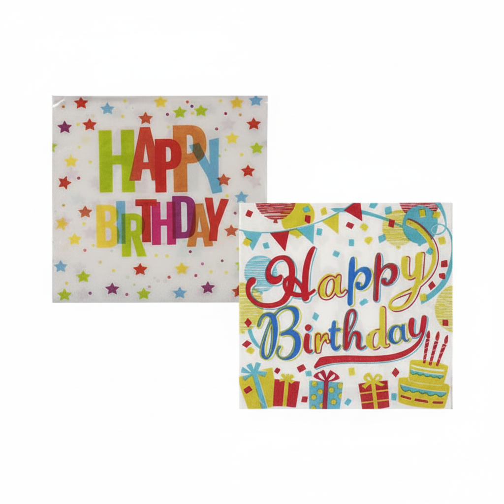 2 Ply Assorted Happy Birthday Serviettes (20 Pieces, 33 cm)
