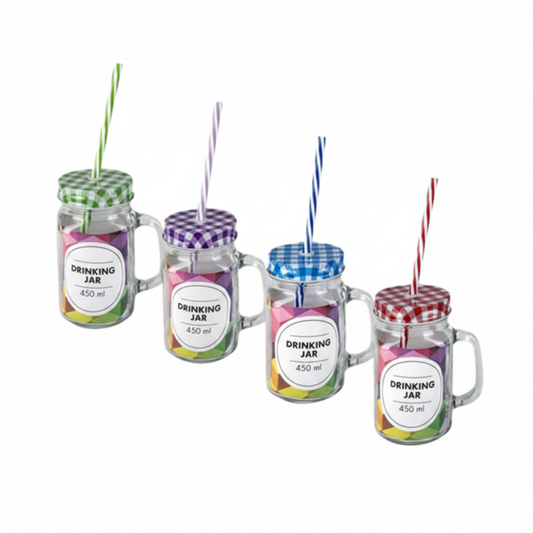 Glass Drinking Jar with Handle and Straw - 450 ml - Assorted Colours