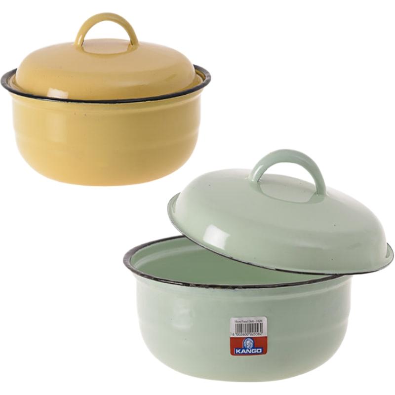 Food Dish Enamel - 18 cm - With Lid - Plain - Assorted