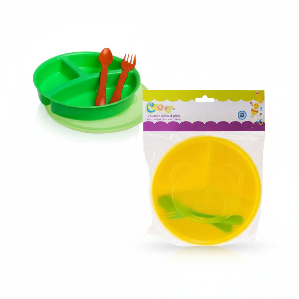 BPA Free Three Section Plate and Cover complete with Cutlery in Various Colours