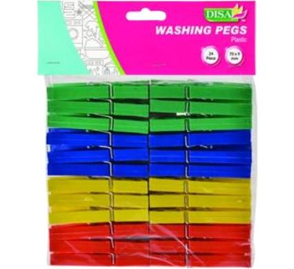 Plastic Clothes Pegs - 24 Pack - Assorted Colours