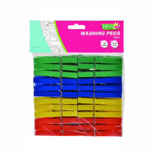Plastic Clothes Pegs - 24 Pack - Assorted Colours