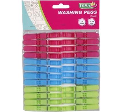 Plastic Clothes Pegs - Pack of 24 - Assorted Colours