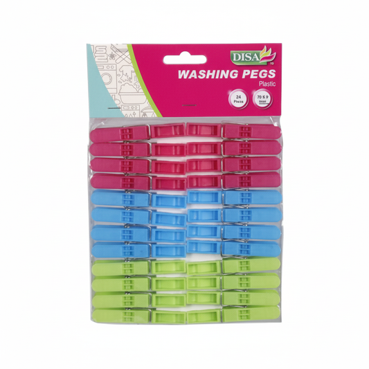 Plastic Clothes Pegs - Pack of 24 - Assorted Colours