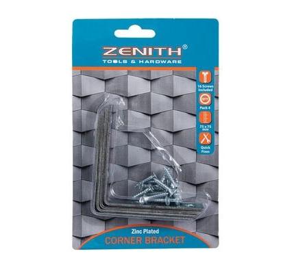 Corner Bracket Steel - 75 mm x 75 mm - Screw - 4 Pieces