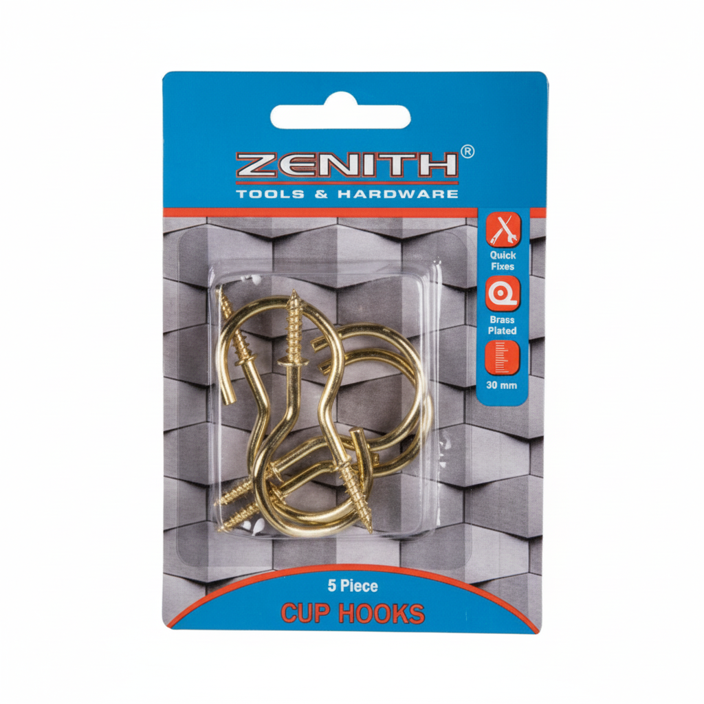 Brass and Plastic Cup Hooks (50 mm, 5 Pieces)
